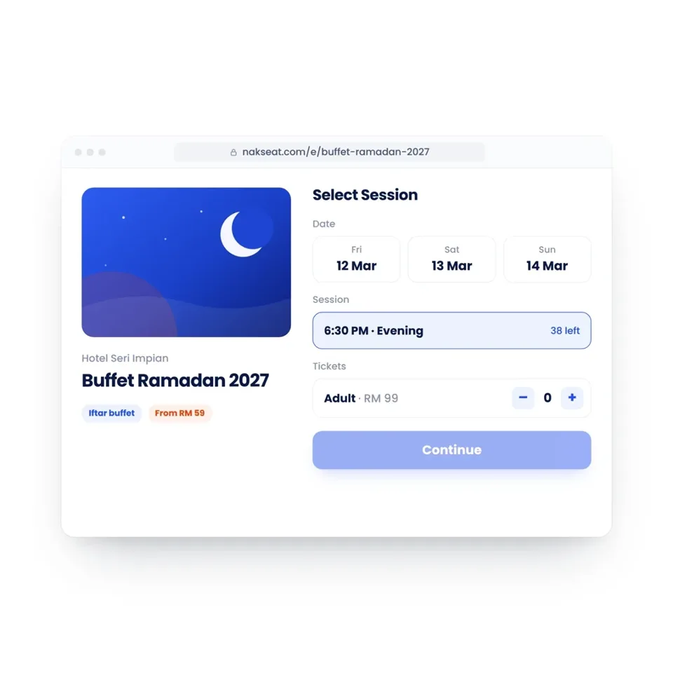 NakSeat booking page showing date, session and ticket selection for Buffet Ramadan 2027