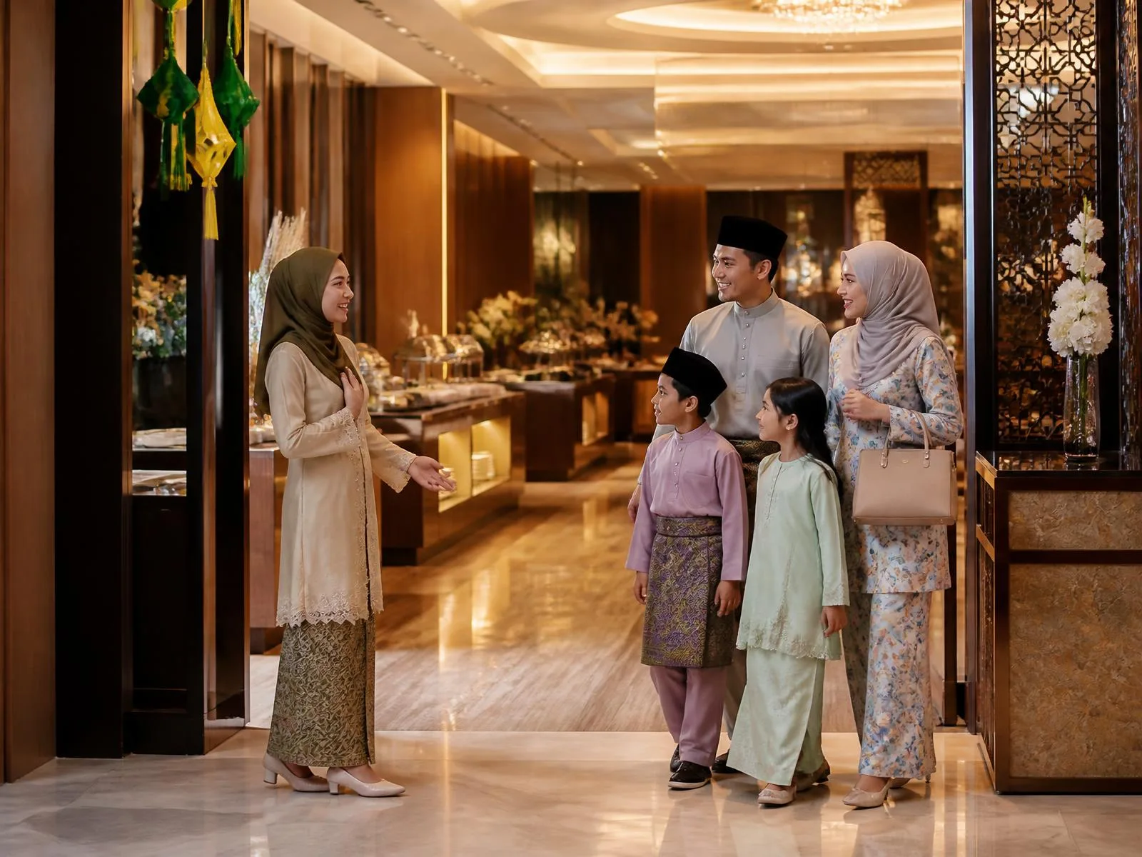 Hospitality staff welcoming guests at a ticketed buffet event in Malaysia