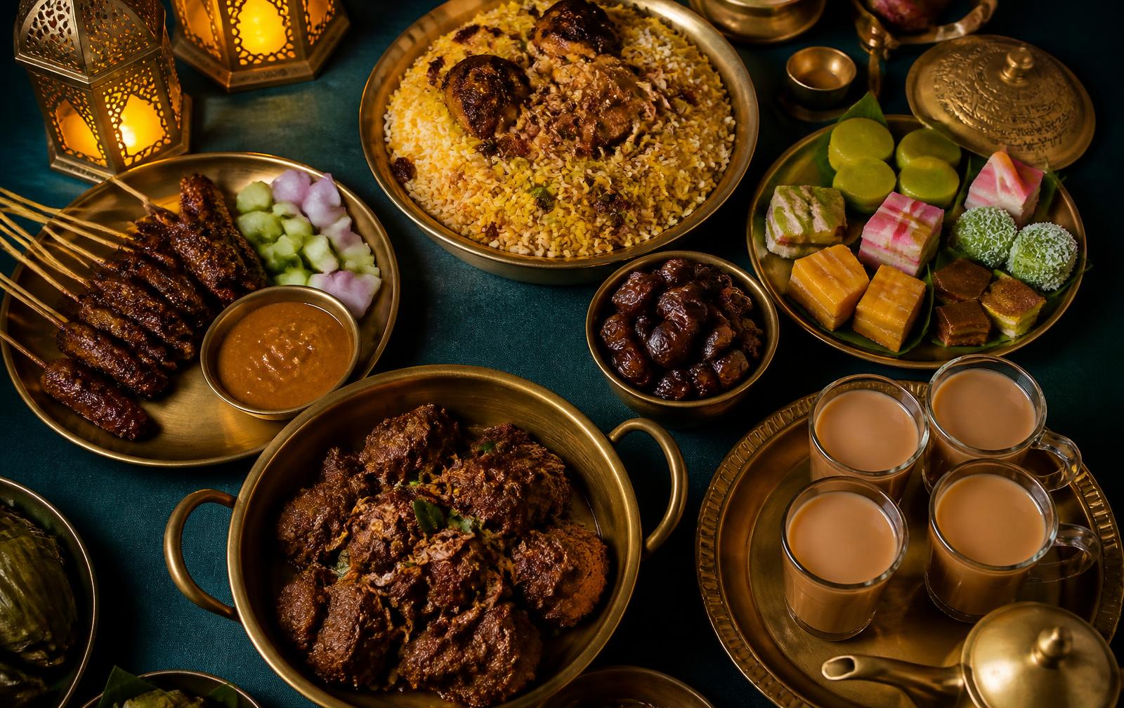 Hidangan bufet Ramadan di atas meja dengan tanglung